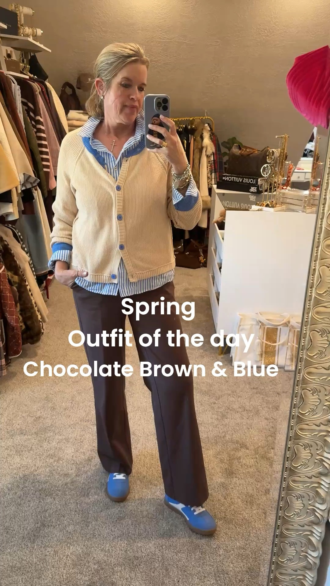 Spring outfit of the day

Color combo- blue & chocolate brown

Blue & white stripe button up
Tts Amazon find in a med

Blue trimmed cream button up cardigan Amazon find tts  in a med 

Chocolate brown trousers, great fit, tts and super soft fabric, feel and fit great! Long enough for tall girls 

Blue on trend sneakers 
Tts

#LTKgrwm #LTKootd #LTKOver40