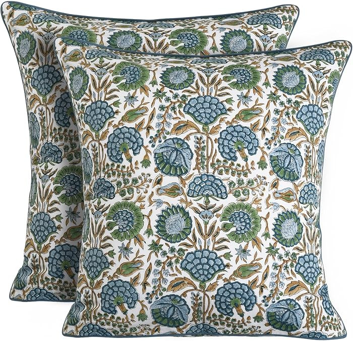 Ridhi Block Print Asparagus Green Pillow Cover 16" x 16" (Pack of 2) Decorative Couch Pillows for... | Amazon (US)