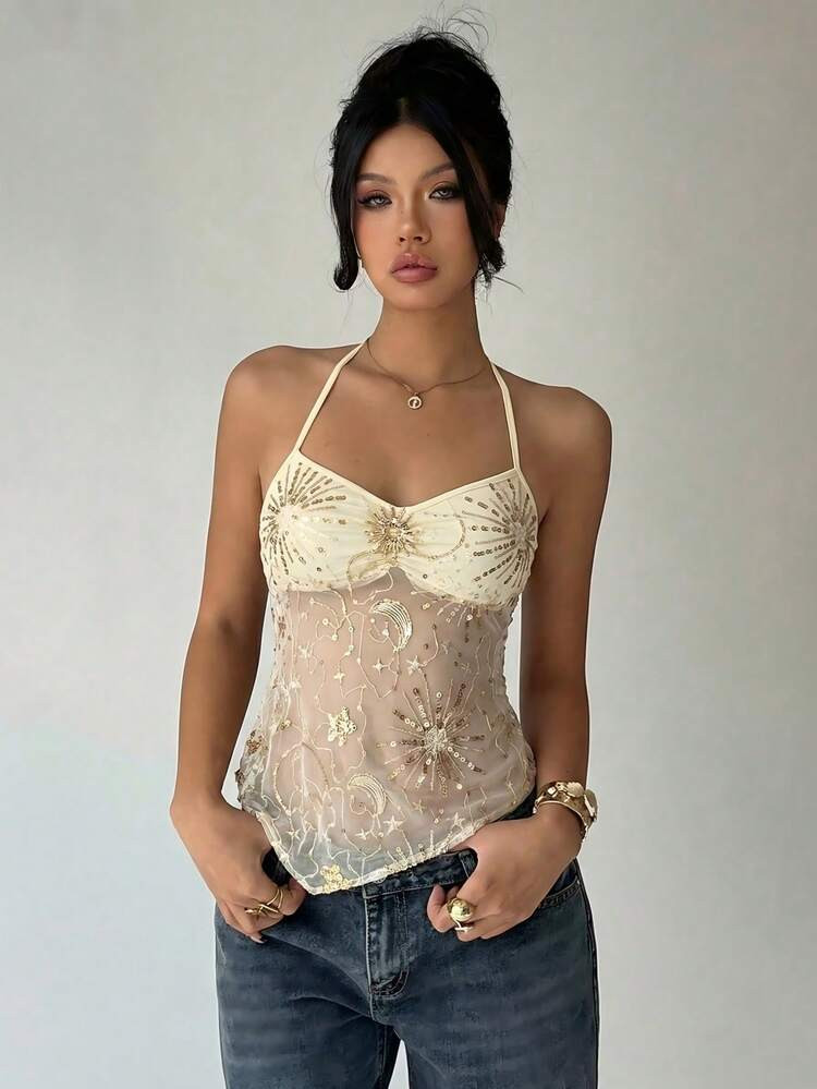 Women's Sexy Beaded Halter Neck Asymmetrical Hem Blouse, Star & Moon Sequin Chest Ruched Metal Button Top, Suitable For Beach, Night Out, Date, Travel Summer | SHEIN