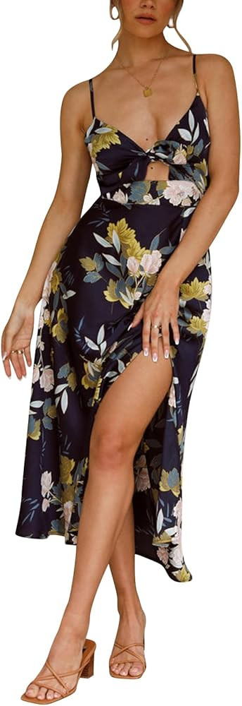 Fashionme Women Spaghetti Strap Midi Satin Dresses Tie Front Backless Split Hollow Dress | Amazon (US)