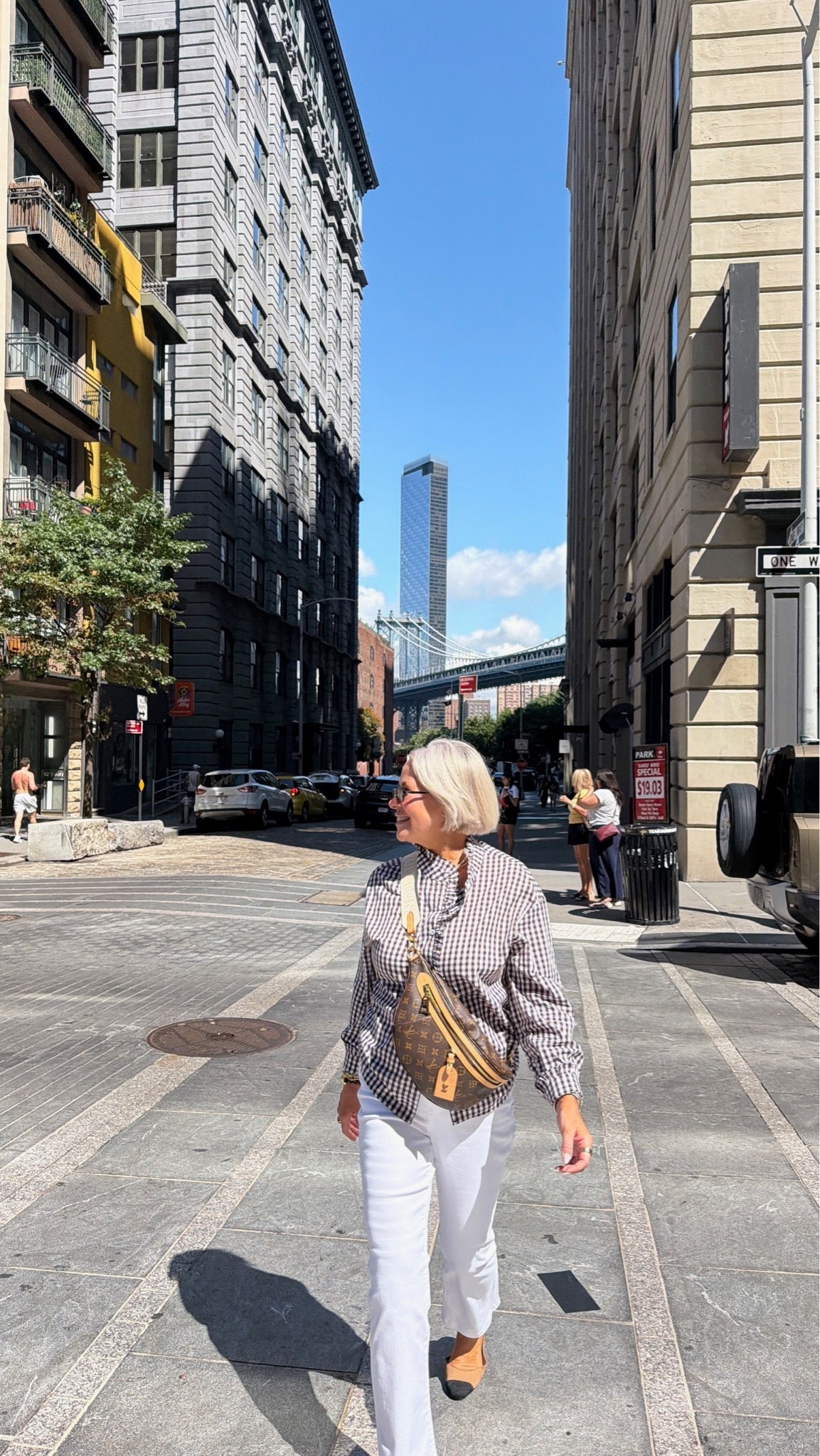Fall outfit! Gingham, white denim, over 50 outfit, casual chic, everyday outfit