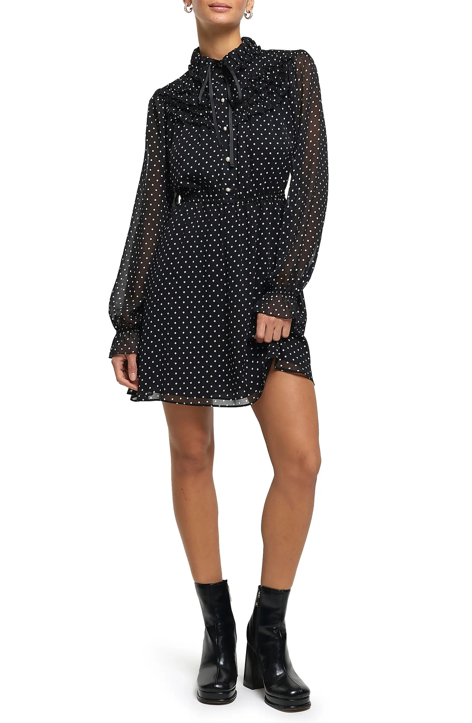 Polka Dot Ruffle Trim Long Sleeve Minidress | Nordstrom