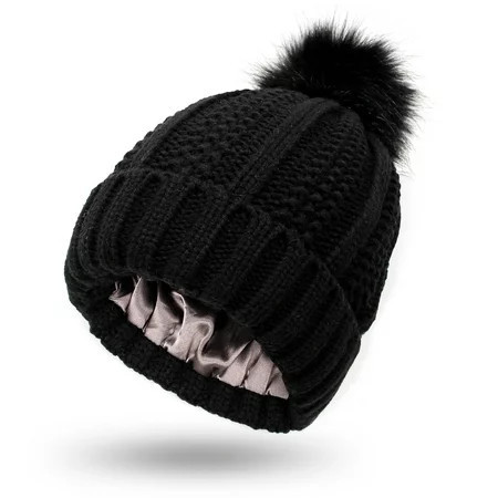 Winter Black Baseball Cap Womens Knitted Beanie Hat With Pom Warm Knit Hats For Women Acrylic | Walmart (US)