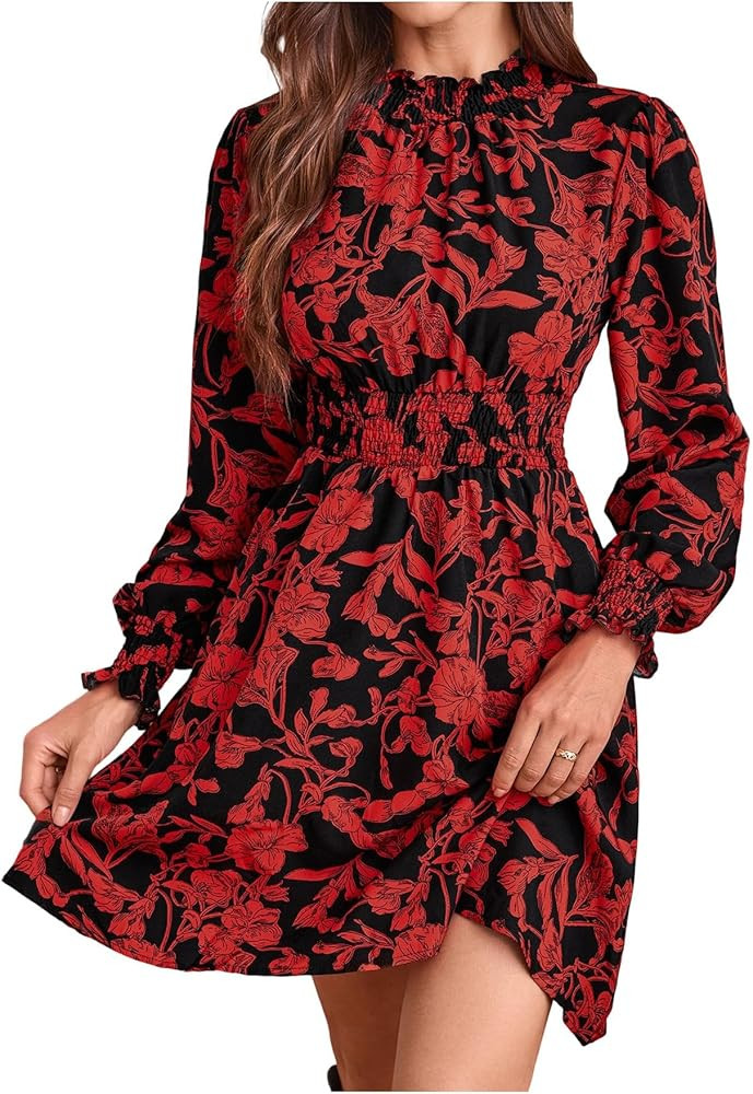 MakeMeChic Women's Floral Print Long Sleeve Mock Neck Shirred A Line Casual Short Mini Dress | Amazon (US)