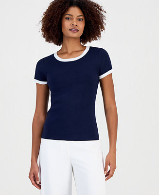 T Tahari Women's Contrast-Trim Short-Sleeve Knit Top - Macy's | Macy's