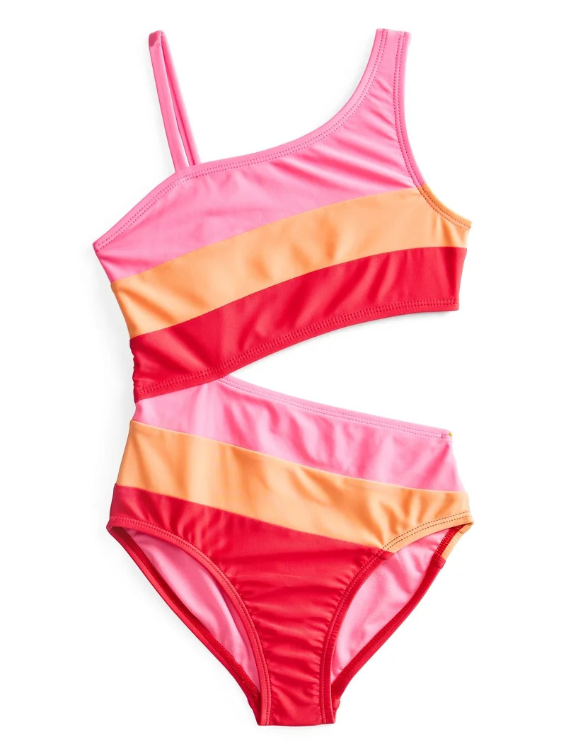 Wonder Nation Girl's Asymmetrical Cut Out One Piece Swimsuit, Sizes 4-18 | Walmart (US)