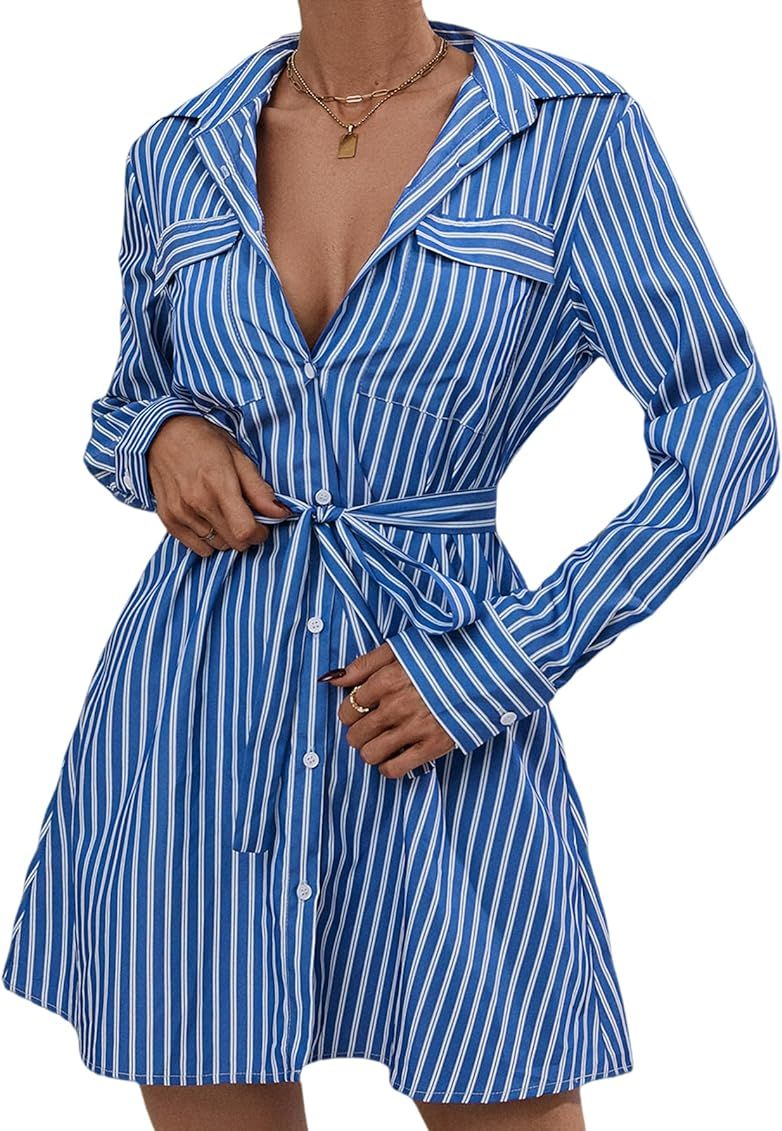 MakeMeChic Women's Striped Print Long Sleeve Belted Mini Dress Button Down Shirt Dresses | Amazon (US)