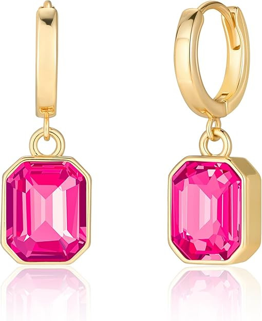 Amazon.com: Birthstone Crystal Dangle Drop Earrings, 18K Gold Plated Huggie Hoop Hypoallergenic E... | Amazon (US)