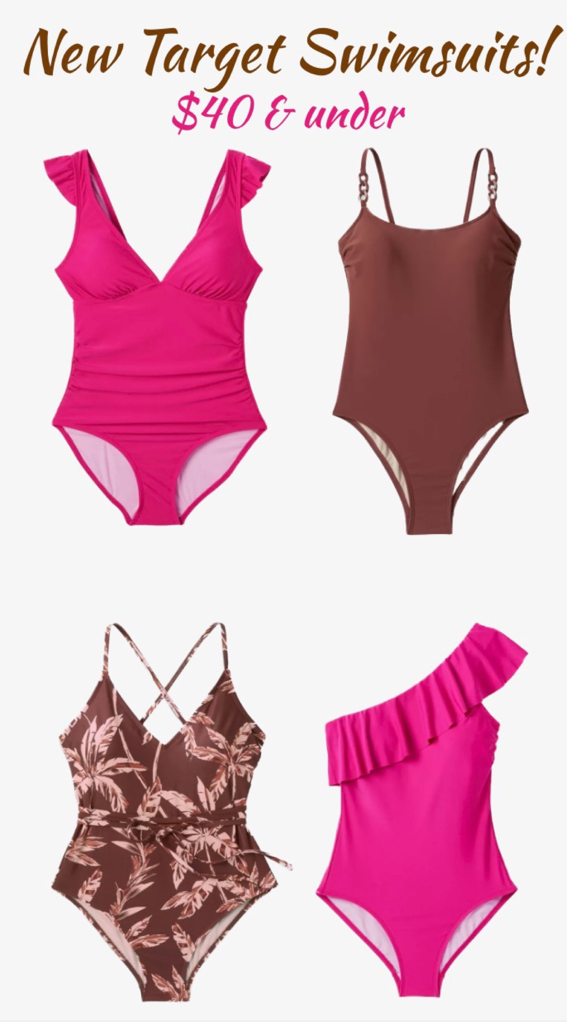 These one piece swimsuits from Target are all under $40 and so cute! I love the ruffle swimsuit detail and the chain strap swimsuit detail. Tropical swimsuit, pattern swimsuit, one shoulder swimsuit, ruffled swimsuit, swimsuit with ruffles, ruched swimsuit, swimsuit with waist tie, plus size swimsuit, pink swimsuit, brown swimsuit, modest swimsuit, flattering swimsuit, vacation swimsuit, trip outfit, travel outfit, vacation outfit

#LTKunder50 #LTKtravel #LTKswim