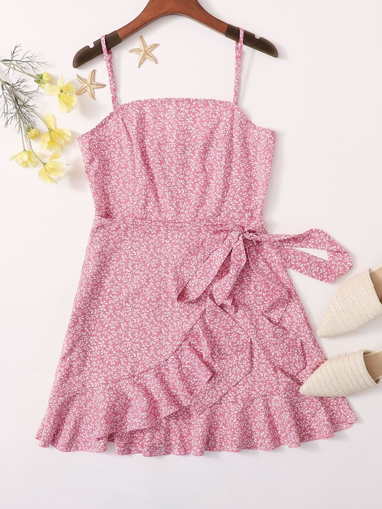 Ruffle Hem Tie Side Ditsy Floral Slip Dress | SHEIN