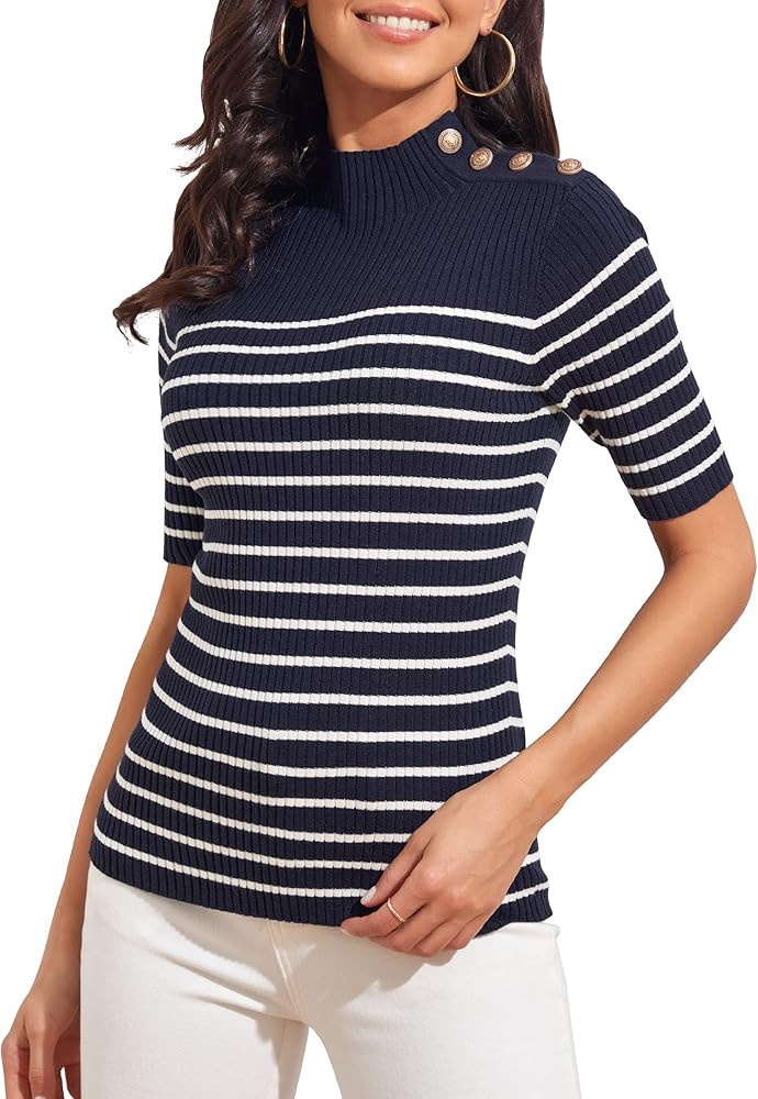 Amazon.com: Women's Short Sleeve Sweater Tops Mock Neck Tops with Button Pullover Slim Fit Casual... | Amazon (US)