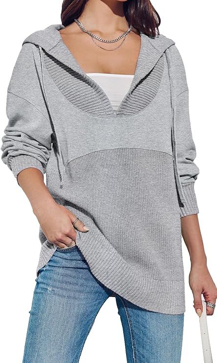Fisoew Womens Oversized Knit Hoodies Patchwork Sweaters V Neck Casual Long Sleeve Sweatshirts Fal... | Amazon (US)