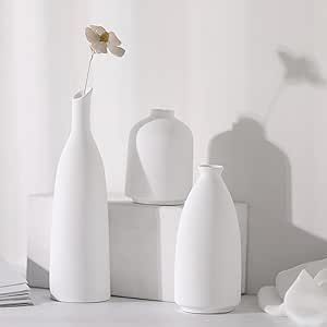 White Ceramic Vase for Decor, Small Flower Vases Set - 3 for Modern Rustic Farmhouse, Decorative ... | Amazon (US)
