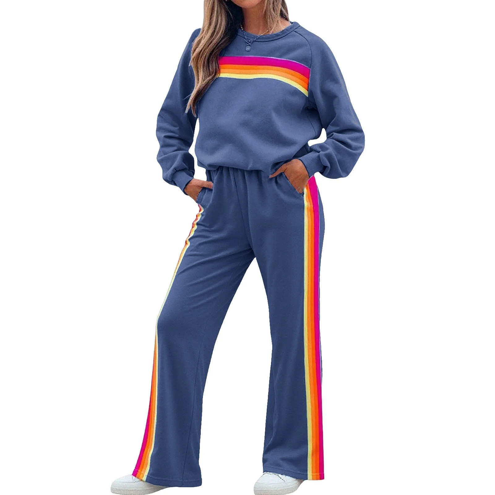 Women 2 Piece Sweatsuit Rainbow Striped Sweatshirts and Drawstring High Waist Sweatpants Sets Fal... | Walmart (US)