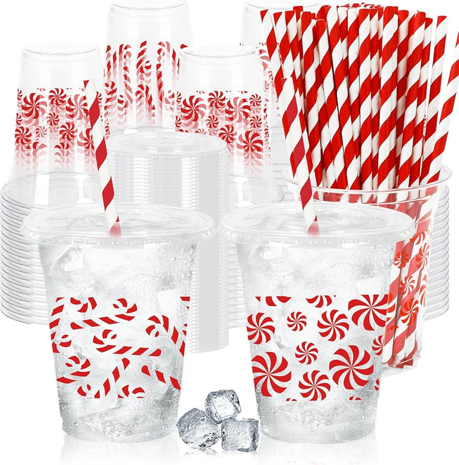 Whaline 50 Pcs Christmas Disposable Plastic Cups with Lids and Straws 12 Oz Red Candy Cane Stripe... | Amazon (US)