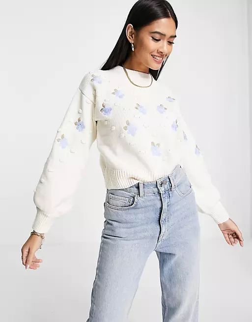 Fashion Union high neck cropped sweater with floral embroidery | ASOS | ASOS (Global)