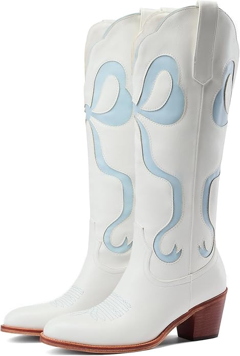 Women's White Cowgirl Boots with Bow Knee High Cowboy Boots Almond Round Toe Chunky Heel Embroide... | Amazon (US)