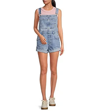 Free People Ziggy Square Neck Sleeveless Frayed Cuffed Hem Shortall Overalls - S | Dillard's