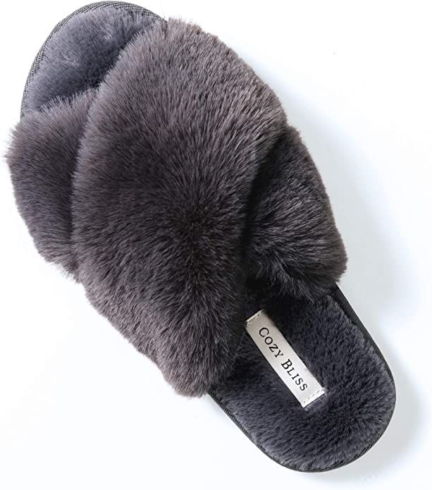 Cozy Bliss Women's Faux Fur Slippers Cross Band Open Toe Breathable Fuzzy Fluffy House Slippers M... | Amazon (US)