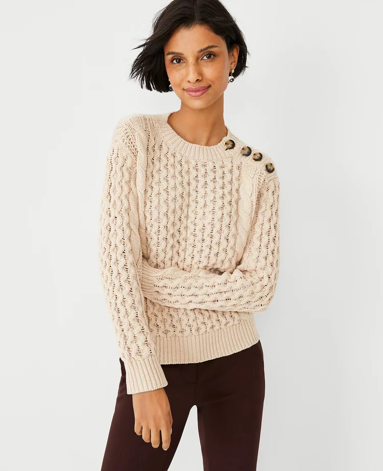 Mixed Cable Shoulder Button Sweater | Ann Taylor (US)