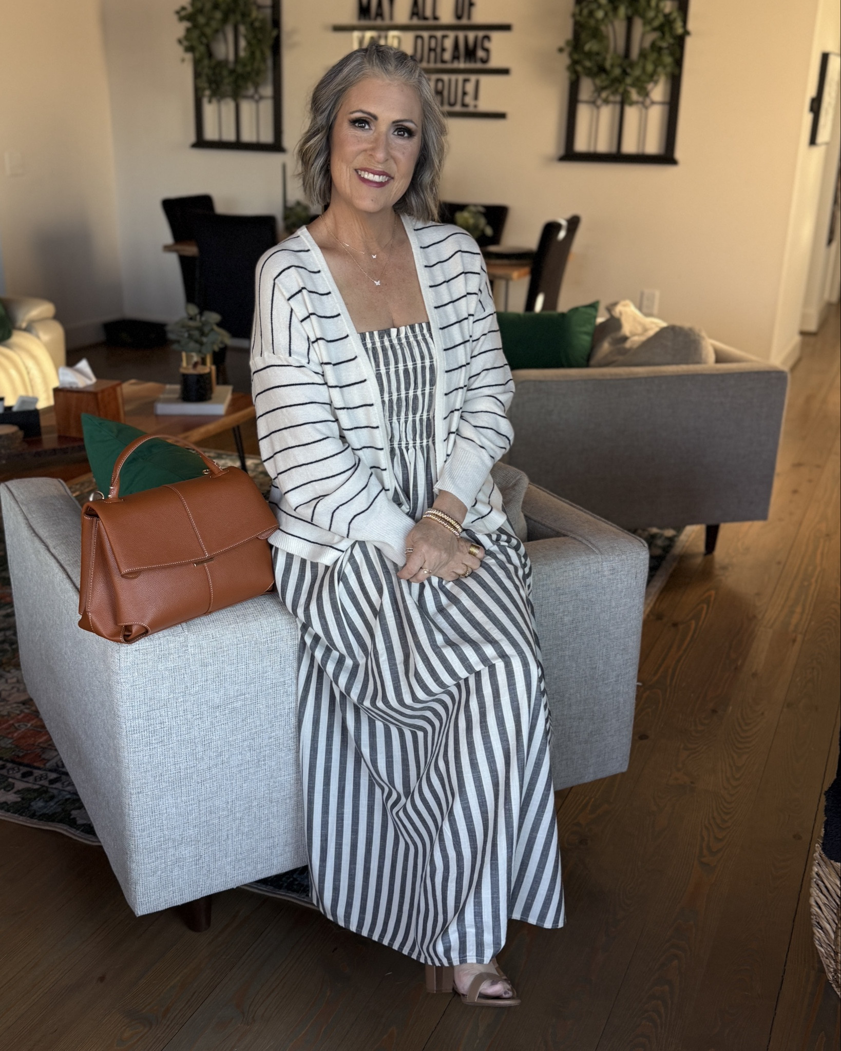 My Elevated Style Girlies — Today’s style story is all about soft spring layers and flattering stripes! This Target tube dress paired with a ballet-inspired cardigan creates a breezy, feminine silhouette, and I topped it off with my favorite Amazon sandals and structured brown bag. The vertical lines give such a flattering effect—and yes, it has pockets! 

🌟 Why This Works: 
✅ Vertical stripes elongate and slim the frame, perfect for any body type
✅ Ballet-style cardigan softens the look while adding shape and modesty
✅ Neutral-toned accessories bring warmth and timeless elegance
✅ Structured handbag balances the breezy vibe with classic polish
✅ This look is breathable, layered, and flattering for warmer spring days

Today’s style story is all about feeling light, confident, and ready for the day—without compromising on style. Perfect for women over 50 who want breathable pieces that still make a chic statement.

💬Which of the four outfits would you feel most confident in? Let me know below! ⬇️

✨Every piece in your wardrobe serves a purpose, and every outfit tells a style story. Be intentional, be confident and create a style story you’ll love!✨

#LTKFindsUnder50 #LTKStyleTip #LTKOver40