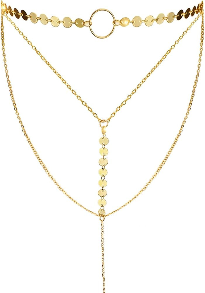 Suyi Stylish Layered Sequins Choker Necklace with Thin Long Chian Pendant for Women Lady | Amazon (US)