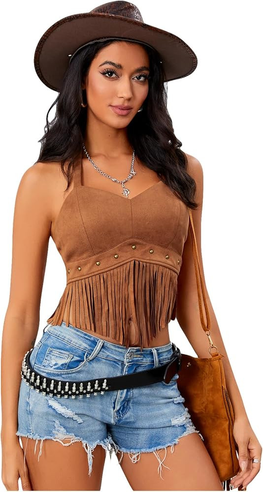 Women's Y2K Fringe Halter Top Western Cowgirl Tie Tank Top Tassel Rivet Faux Suede Hippie Crop To... | Amazon (US)