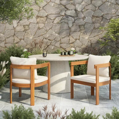 Modern Coastal Acacia Wood Outdoor Dining Armchairs with Cushions | Wayfair North America