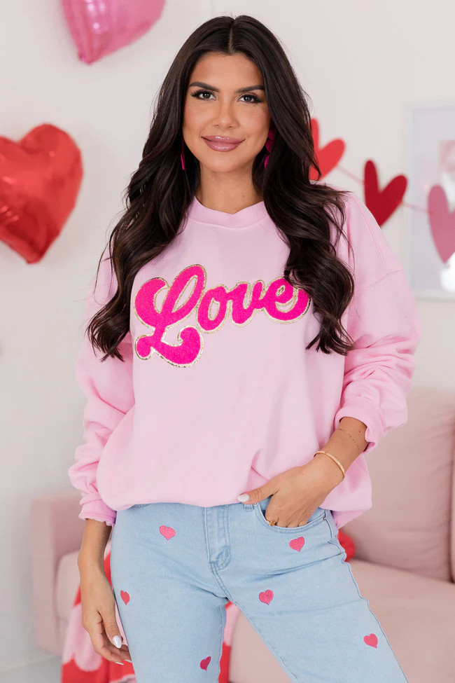Love Script Chenille Patch Light Pink Oversized Graphic Sweatshirt FINAL SALE | Pink Lily
