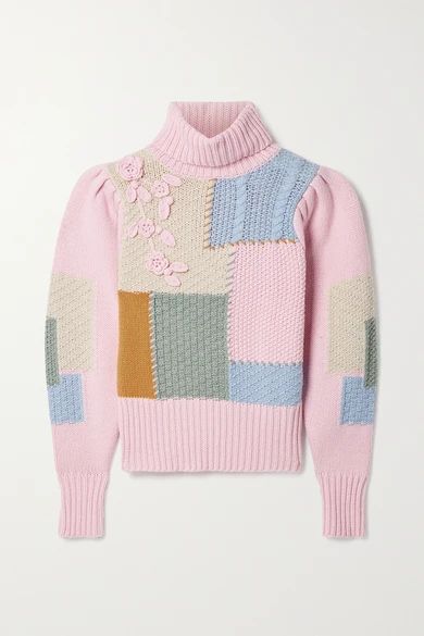 LoveShackFancy - Allan Appliquéd Patchwork Knitted Turtleneck Sweater - Pink | NET-A-PORTER (US)