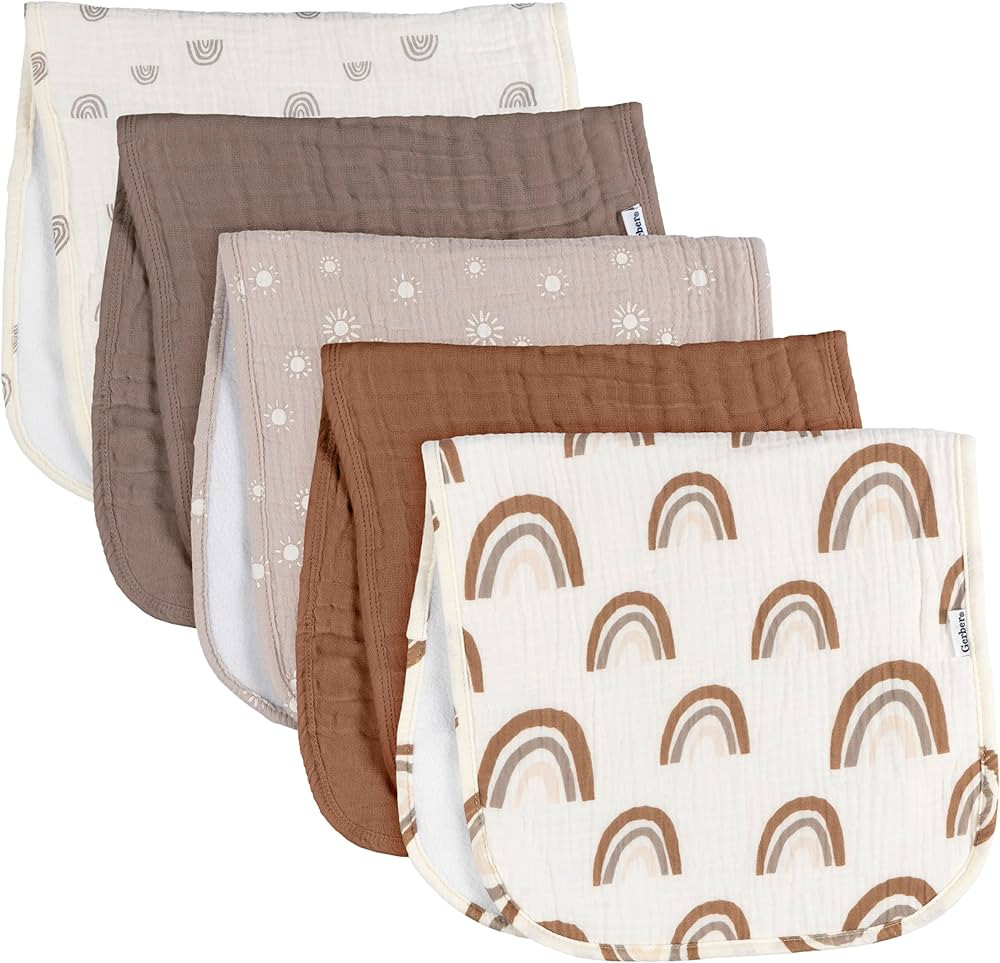 Gerber Baby Unisex Muslin Burp Cloths 5-Pack, Multi Rainbow, Large Size 20" x 10" | Amazon (US)