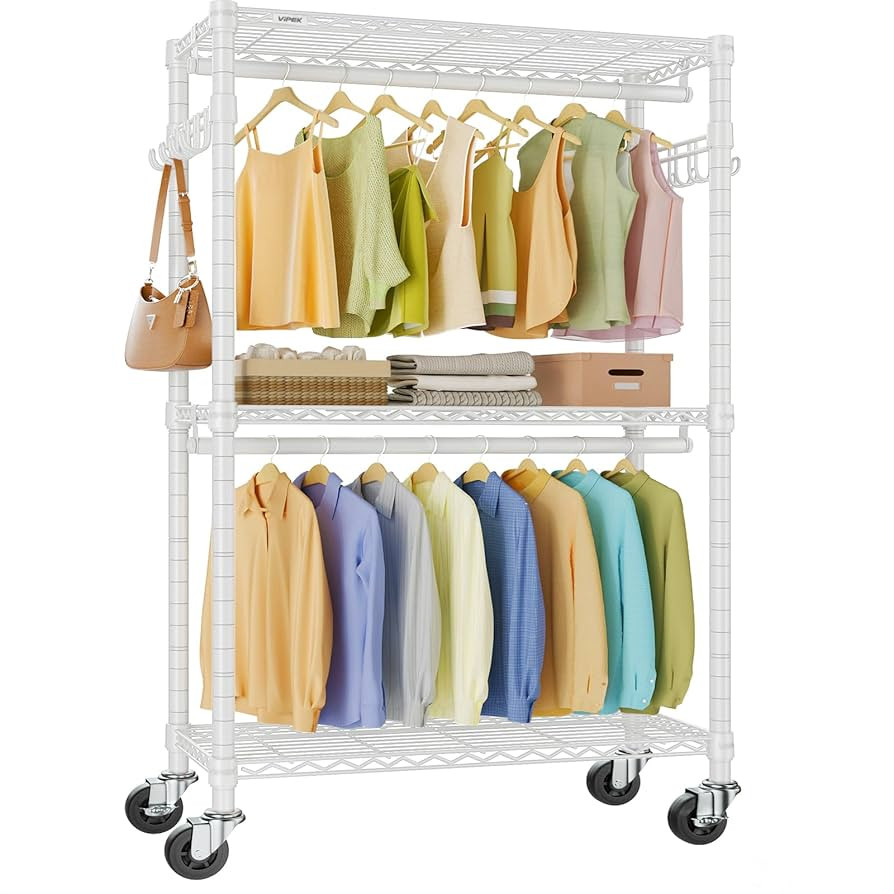 VIPEK R2 Heavy Duty Rolling Garment Rack 3 Tiers Adjustable Clothes Racks with Double Rods & Hook... | Amazon (US)