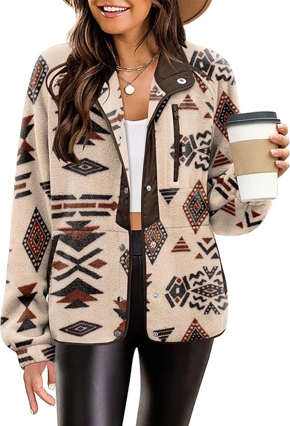 Zeagoo Women's Cozy Fleece Jacket Western Aztec Print Button Down Coat with Pockets Casual Warm O... | Amazon (US)