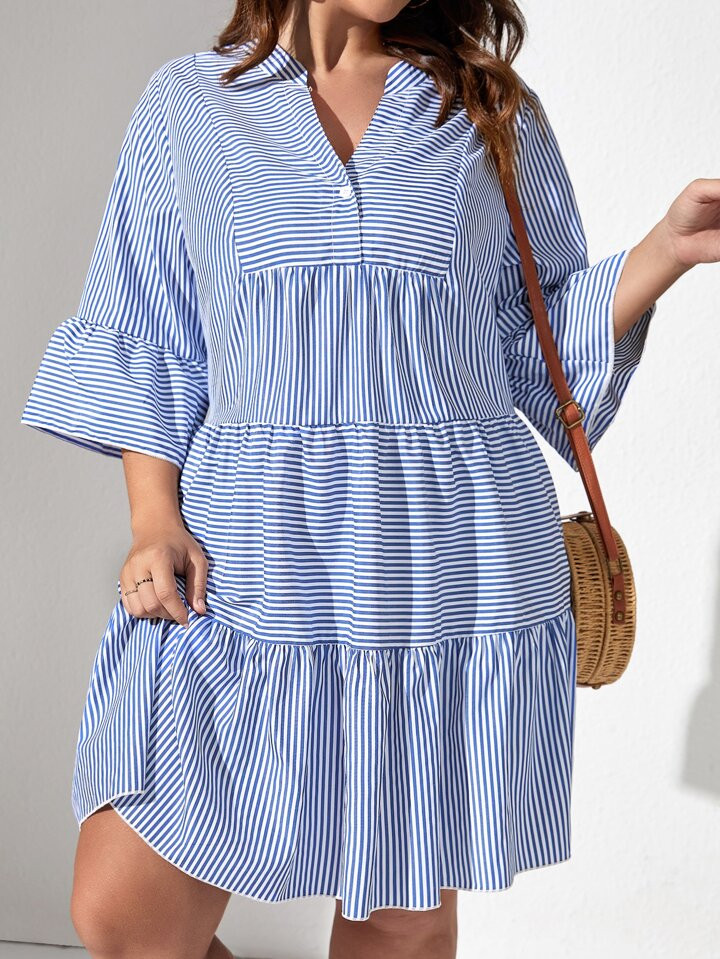 SHEIN VCAY Plus Striped Notched Neck Ruffle Hem Smock Dress | SHEIN