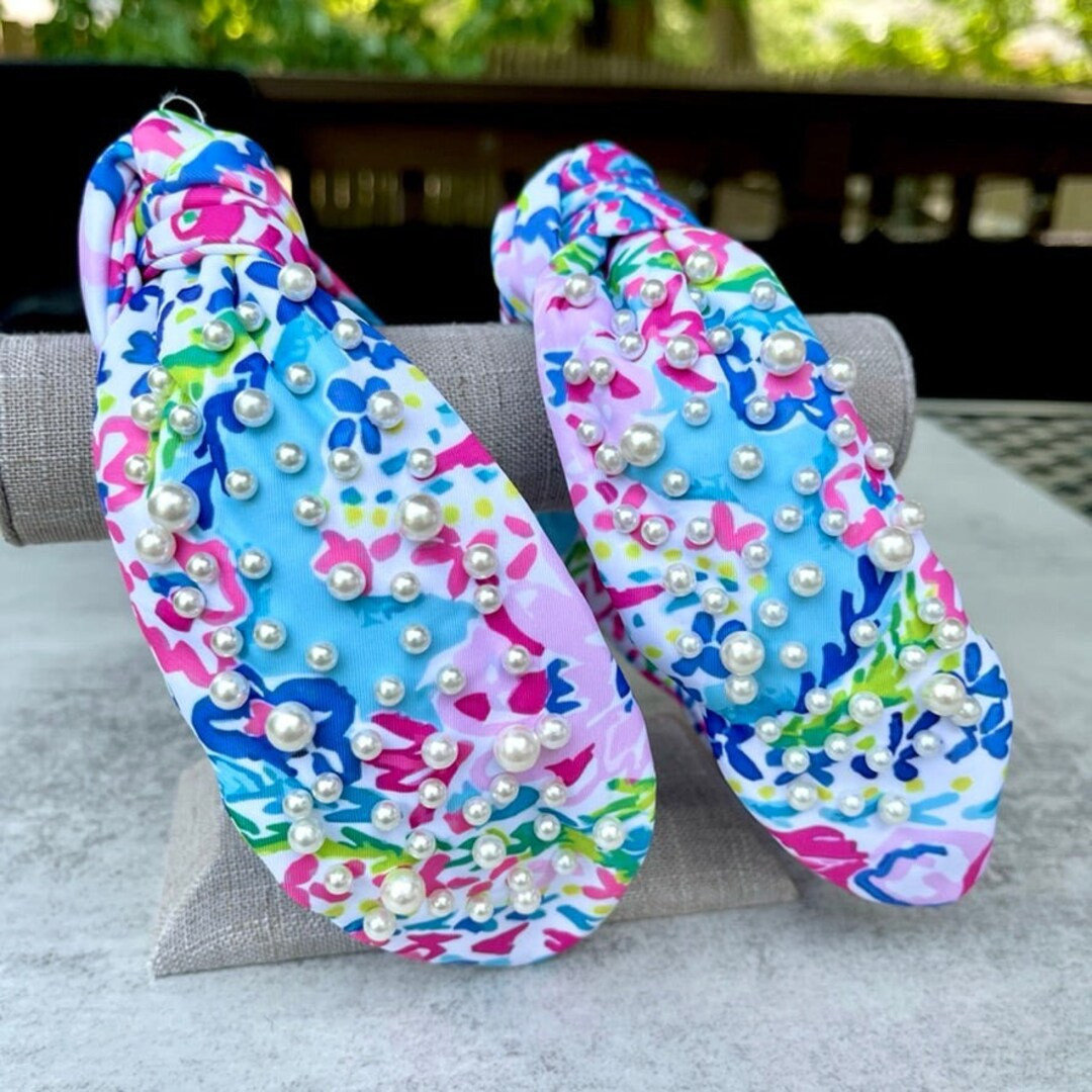 Palm Beach Blue Floral Pearl Knotted Headband | Etsy (US)