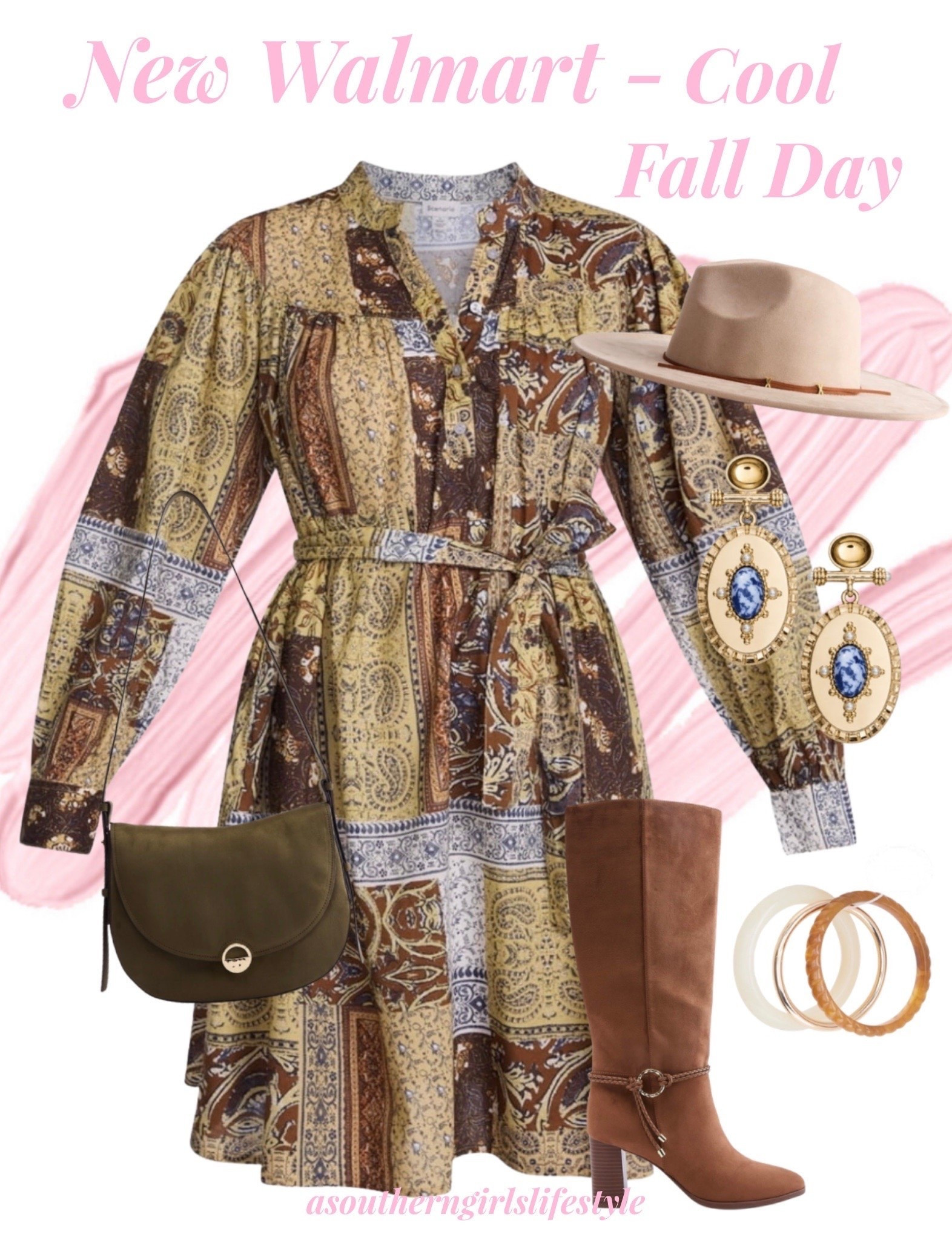 New Walmart for a Cool Fall Day/Evening 

Long Sleeve Paisley Shirtdress, Faux Suede Fedora Hat, Gold-Tone Bar Drop Earrings, with Oval & Faux Sodalite Stones, Bangle Bracelet Trio, Olive Green Crossbody & Buckle Tall Boots

Fall Outfits Women. Fall Dress. Fall Style. Fall Accessories #LTKPetite

#LTKxWalmart #LTKSeasonal #LTKootd