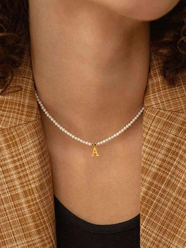 1pc Elegant Polyresin Stainless Steel Letter Pendant Necklace Faux Pearl Beaded Necklace For Women For Gift | SHEIN