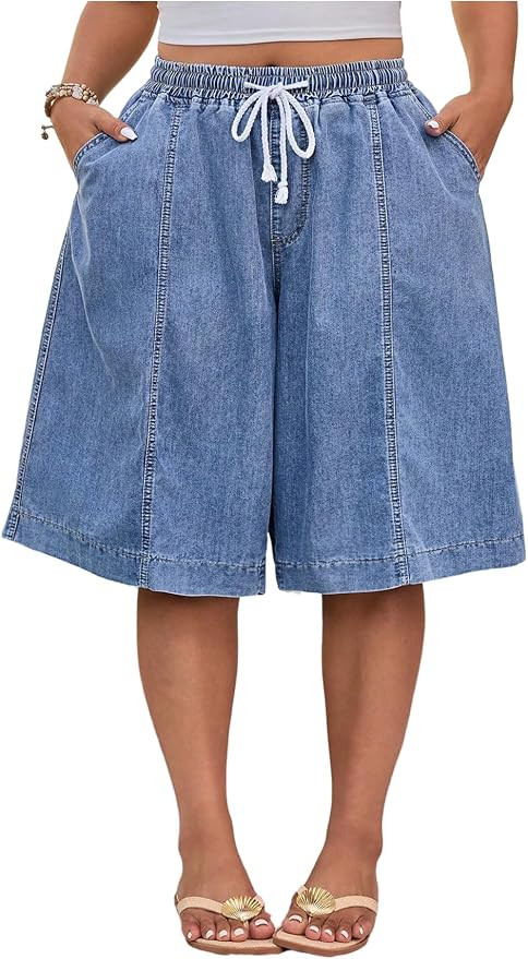 Verdusa Women's Plus Size Denim Baggy Jorts Wide Leg Knee Length Jean Shorts with Pockets | Amazon (US)