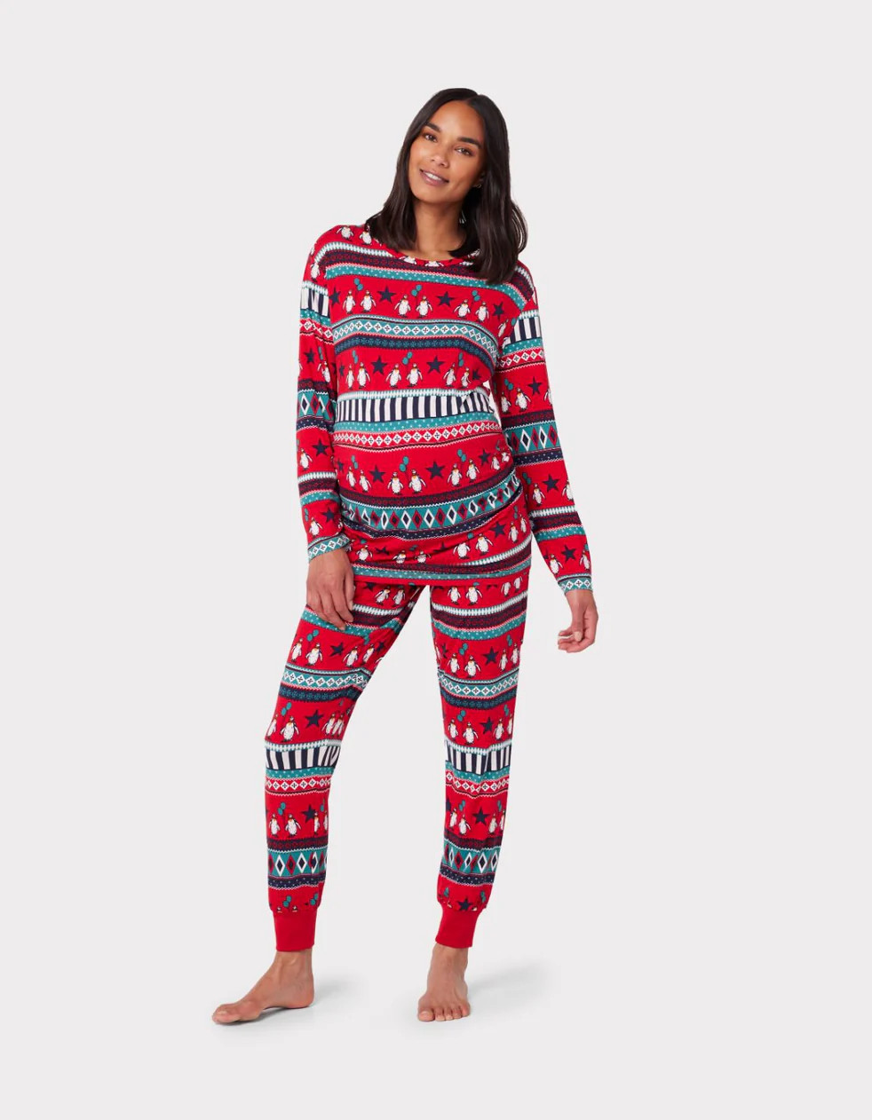 Maternity Red & Green Christmas Penguin Fair Isle Print Long Pyjama Set | Chelsea Peers NYC