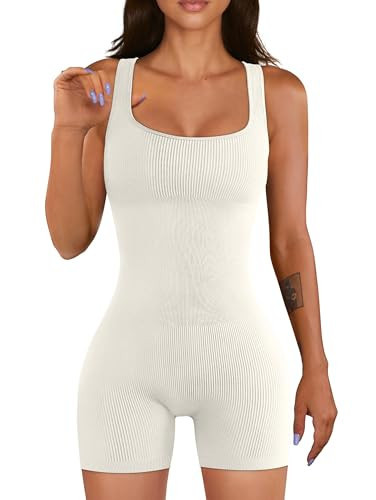 OQQ Women's Yoga Workout Ribbed Square Neck Sleeveless Sport Romper Beige | Amazon (US)