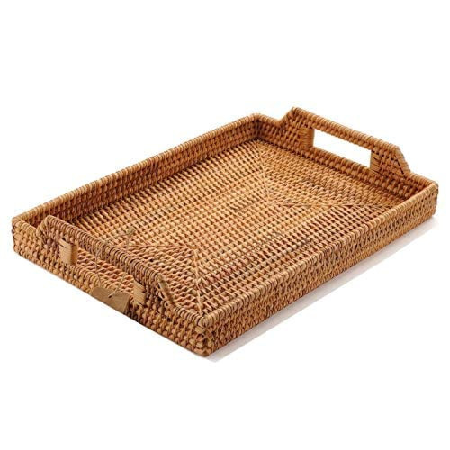 Small Hand-Woven Rattan Serving Tray with Handles – 14.5" Rectangular Snack Tray for Coffee Table, Fruit, Drinks, Decor | Amazon (US)