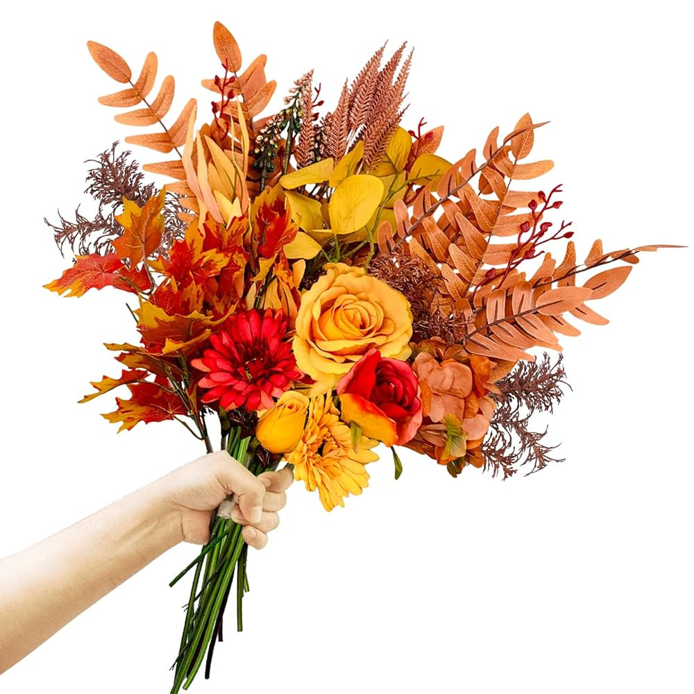 Artificial Fall Flowers Bouquets, 21.6” Autumn Fake Silk Orange Flowers Wedding Bouquets with F... | Amazon (US)