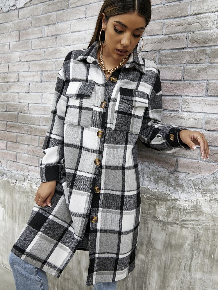 Plaid Flap Pocket Drop Shoulder Longline Coat | SHEIN