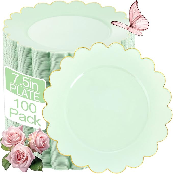 LIYH 100 Pcs Sage Green Dessert Plates Scalloped Plastic Cake Plate Gold Rim - 7.5 Inch Heavy-Dut... | Amazon (US)