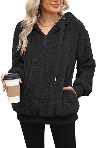 ReachMe Womens Sherpa Hoodie with Pockets Fuzzy Fleece Pullover Tops Oversized Sweatshirts Fluffy Sweater Coat(A1 Black,L) | Amazon (US)