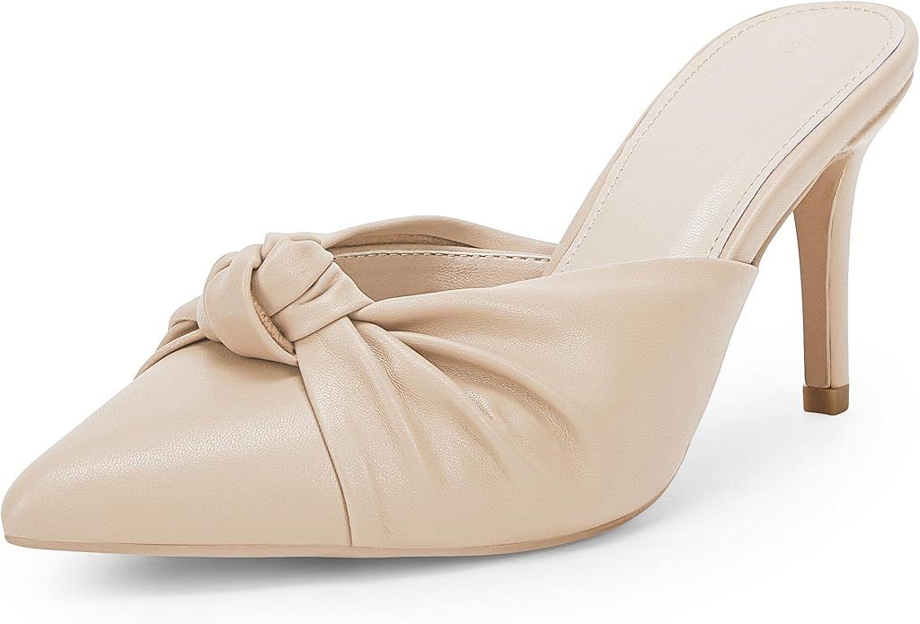 Women's Pointed Toe Knot Stiletto Mules Mid Kitten Heels Backless Slide-on Faux Leather Dress Pum... | Amazon (US)