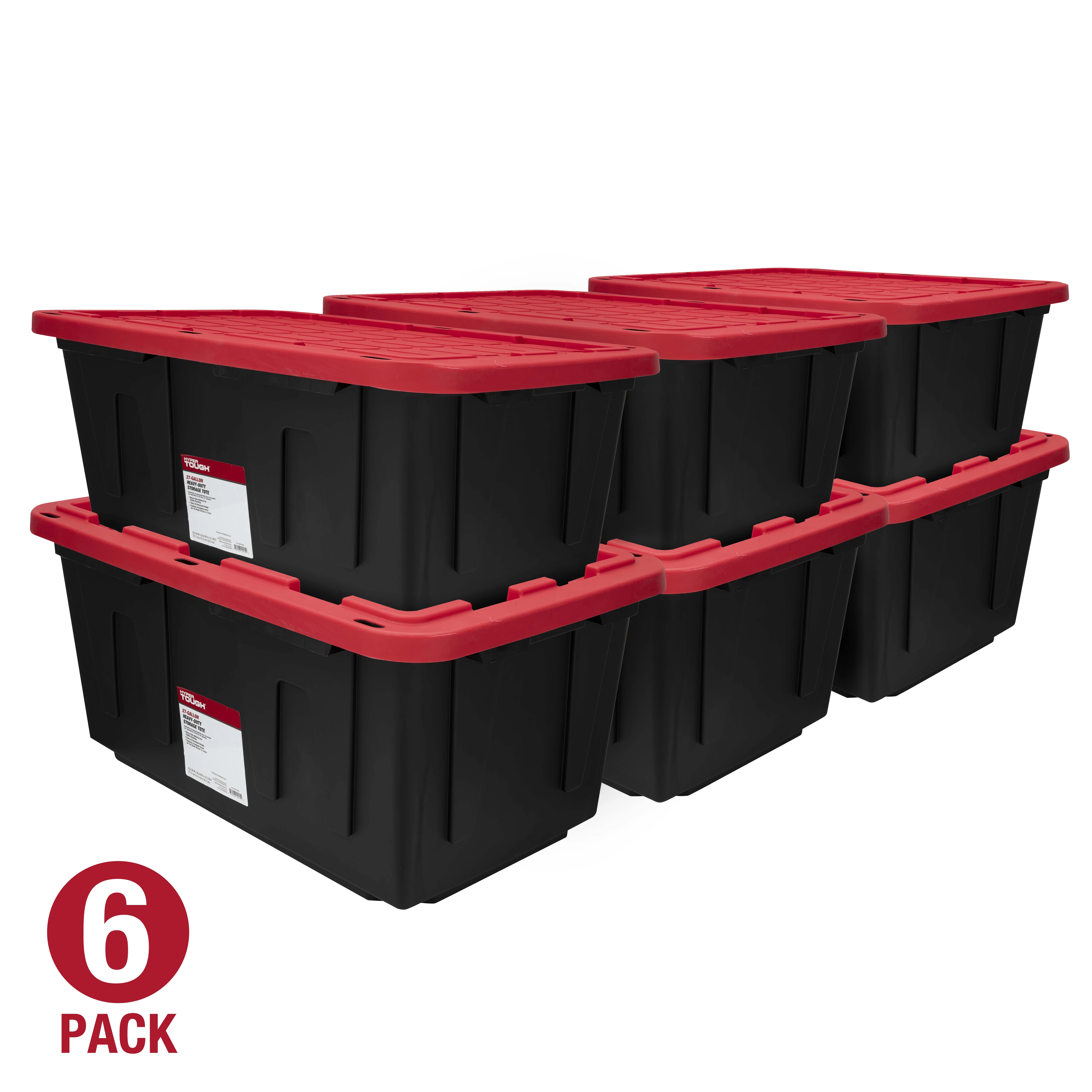(6 pack) Hyper Tough 27 Gallon Large Storage Bin with Snap Lid, Black and Red, Heavy Duty Plastic... | Walmart (US)