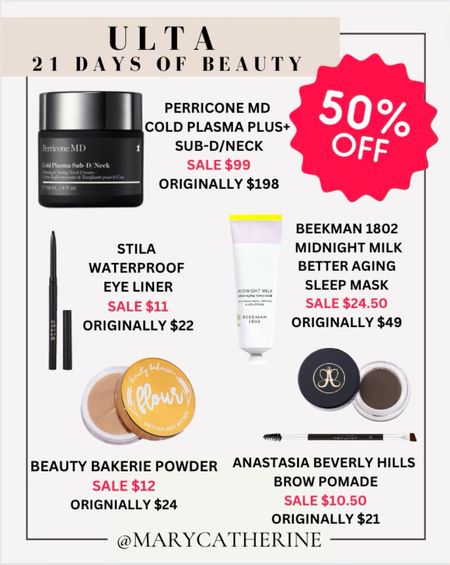 Ulta 21 Days of Beauty Sale!💄
Three weeks of daily beauty steals 
50% off select product 

Anastasia 
Stila
Beekman 1802
SeroVital
Beauty bakerie
Perricone MD


#LTKbeauty #LTKSale #LTKsalealert