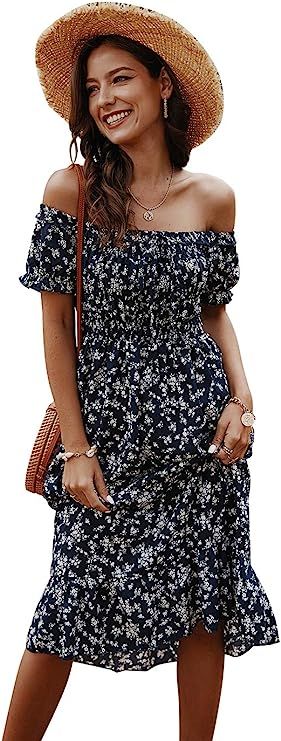 Joeoy Women's Summer Boho Floral Short Sleeve Off Shoulder Ruffle Long Midi Dress | Amazon (US)