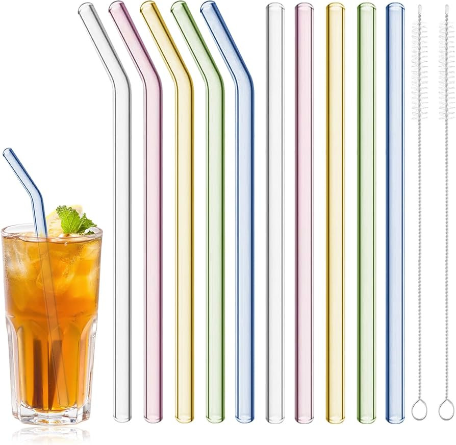 Reusable Glass Straws Shatter Resistant 8” x 8mm, 10 Pcs Colorful Glass Drinking Straws with 2P... | Amazon (US)